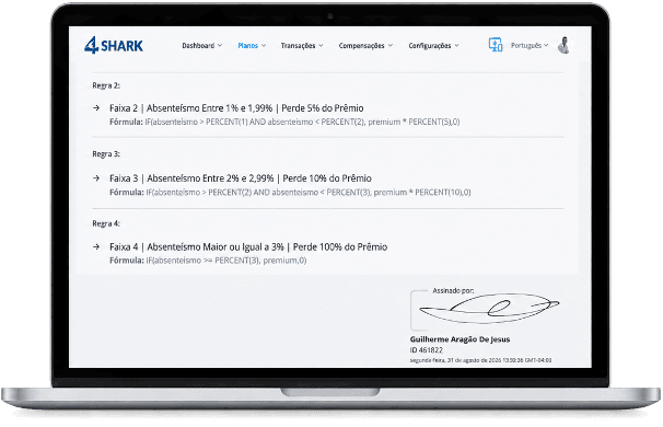 Tela de declaração de regras com assinatura eletrônica na plataforma 4Shark