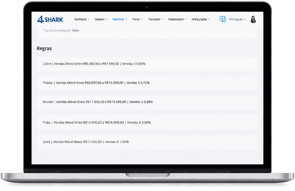 Tela de configuração de regras de remuneração variável por faixa na plataforma 4Shark